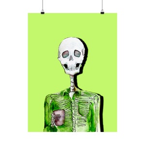 Skeleton, in green, with coffee