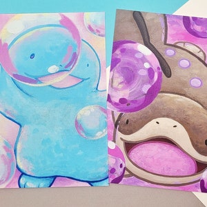 May include: Two cartoon illustrations of water-type Pokemon. The first is a blue, blob-like Pokemon with a large pink bubble around its head. The second is a brown Pokemon with a large purple bubble around its head. Both Pokemon are surrounded by smaller bubbles.