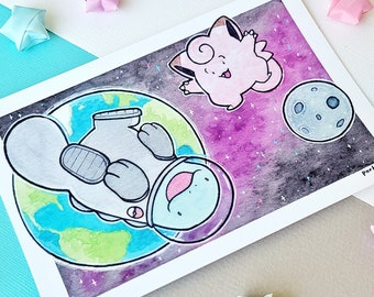 Space Friend - Quagsire and Clefairy Mini Print