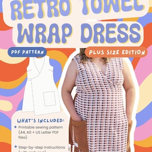 May include: A PDF sewing pattern for a wrap dress titled Lazy Susan Retro Towel Wrap Dress Plus Size Edition. The image displays a sleeveless dress with a checkered pattern, brown pockets, and fringe trim, alongside a line drawing of the garment.