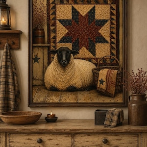 May include: A framed wall art print depicting a black-faced sheep resting on wooden floorboards in front of a large star-patterned quilt. The scene includes a woven basket with a small textile and a shelf with a vase of dried branches.
