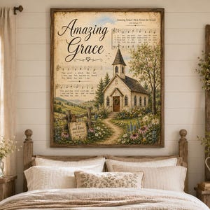 Puede incluir: Un cuadro rectangular con el texto Amazing Grace, notas musicales y letra. La ilustración muestra una iglesia blanca con campanario, un camino de tierra, árboles verdes y flores coloridas. El fondo tiene una textura de papel antiguo.