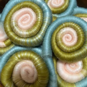 Rolags, punis for hand spinning -Summer&#39;s End - eggshell, teal, lichen superfine merino wool, tussah silk- 4 oz, 113g