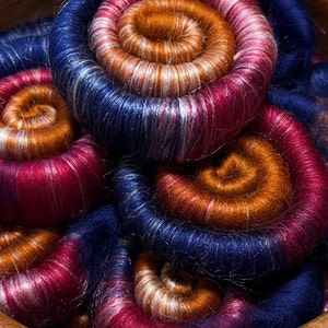 Rolags, punis for hand spinning -Regal- rust, ruby, tanzanite superfine merino wool, undyed tussah silk- 4 oz