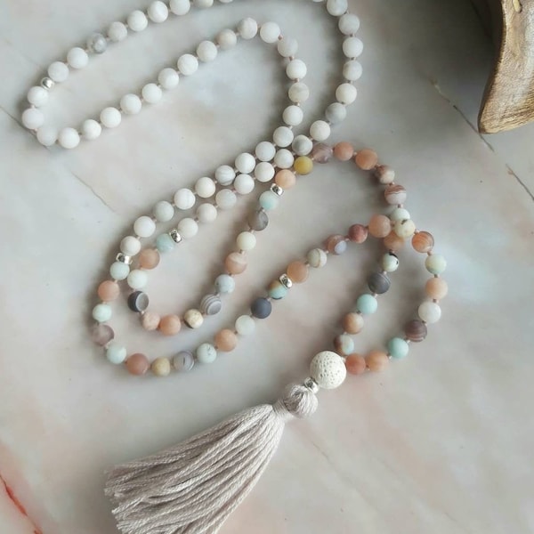 Mala, Amazonite, Moonstone, Botswana Agate and Agate Mala Necklace, Meditation Necklace, 108 bead Mala, mala beads, beaded lanyard, gift