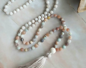 Mala, Amazonite, Moonstone, Botswana Agate and White Crazy Lace Agate Mala Necklace, Meditation Necklace, 108 bead Mala, mala beads, gifts