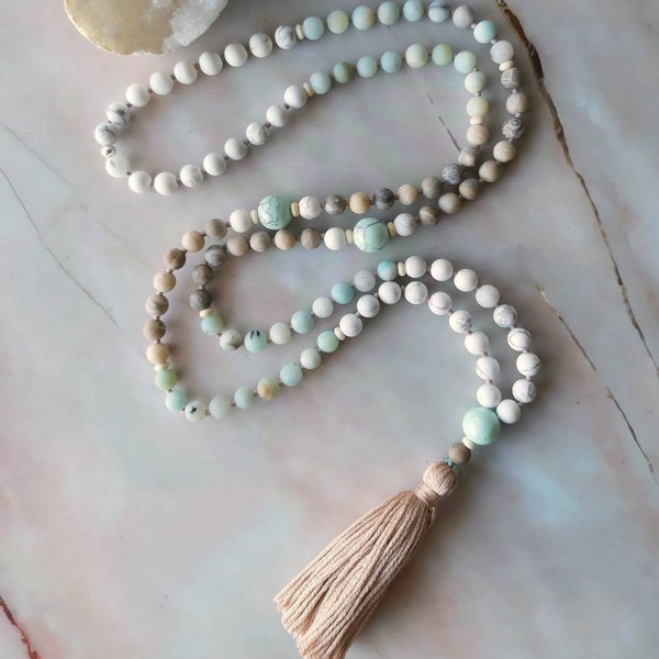Mala, Amazonite, Fossil Coral and Howlite Mala Necklace, Necklace, gifts for her, meditation mala, crystal necklace, gift for her