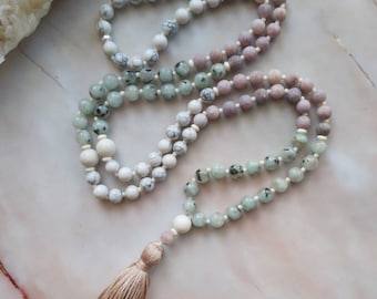 Mala, Kiwi Jasper, Lepidolite, Ivory Jade and white turquoise Mala necklace, Meditation mala,mala beads,necklace, gift for her,108 bead mala