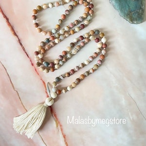 Mala, Fossil Wood Agate and Ivory Jade  Mala necklace, Meditation mala, mala beads, necklace, gift for her, gemstone necklace