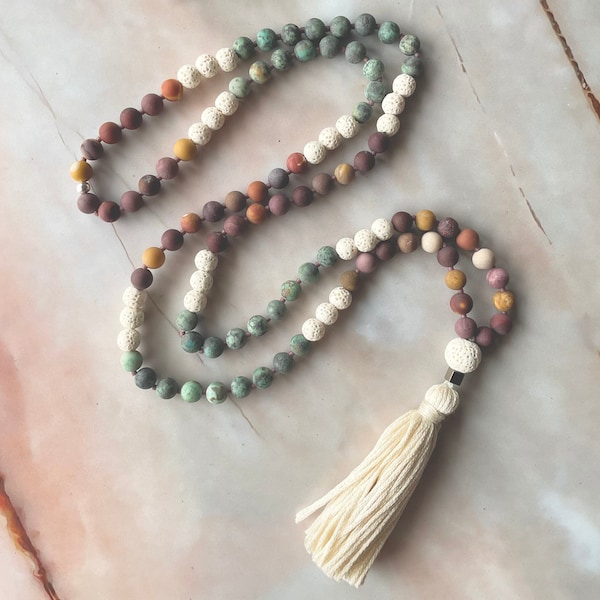 Mala, African turquoise, Mookaite, and Lava stone mala necklace, mala beads tassel necklace, meditation mala, healing jewelry, Yoga jewelry