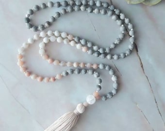 Maifan, Moonstone and White Crazy Lace Agate mala necklace, Mala, 108 bead mala, meditation necklace, Mala beads, gift for her, Mala Lanyard