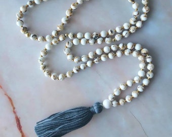 Mala, white Turquoise Mala, mala necklace, mala beads, meditation, Meditation Necklace, gifts for her, crystal necklace, gemstone necklace