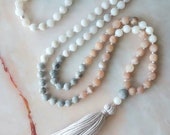 Mala, Maifan, Moonstone, White Crazy Lace Agate Mala, Mala beads, Mala necklace, meditation necklace, gemstone necklace, crystal necklace