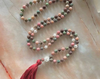 Mala, African turquoise, Artistic Jasper, Rhodonite and Clear Quartz Mala necklace, mala beads, beaded lanyard, meditation mala, gemstones