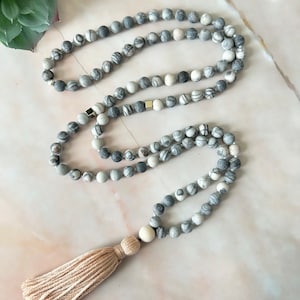 Mala, Black Line Jasper, mala necklace, meditation mala, mala beads, healing stones, yoga jewelry, healing jewelry
