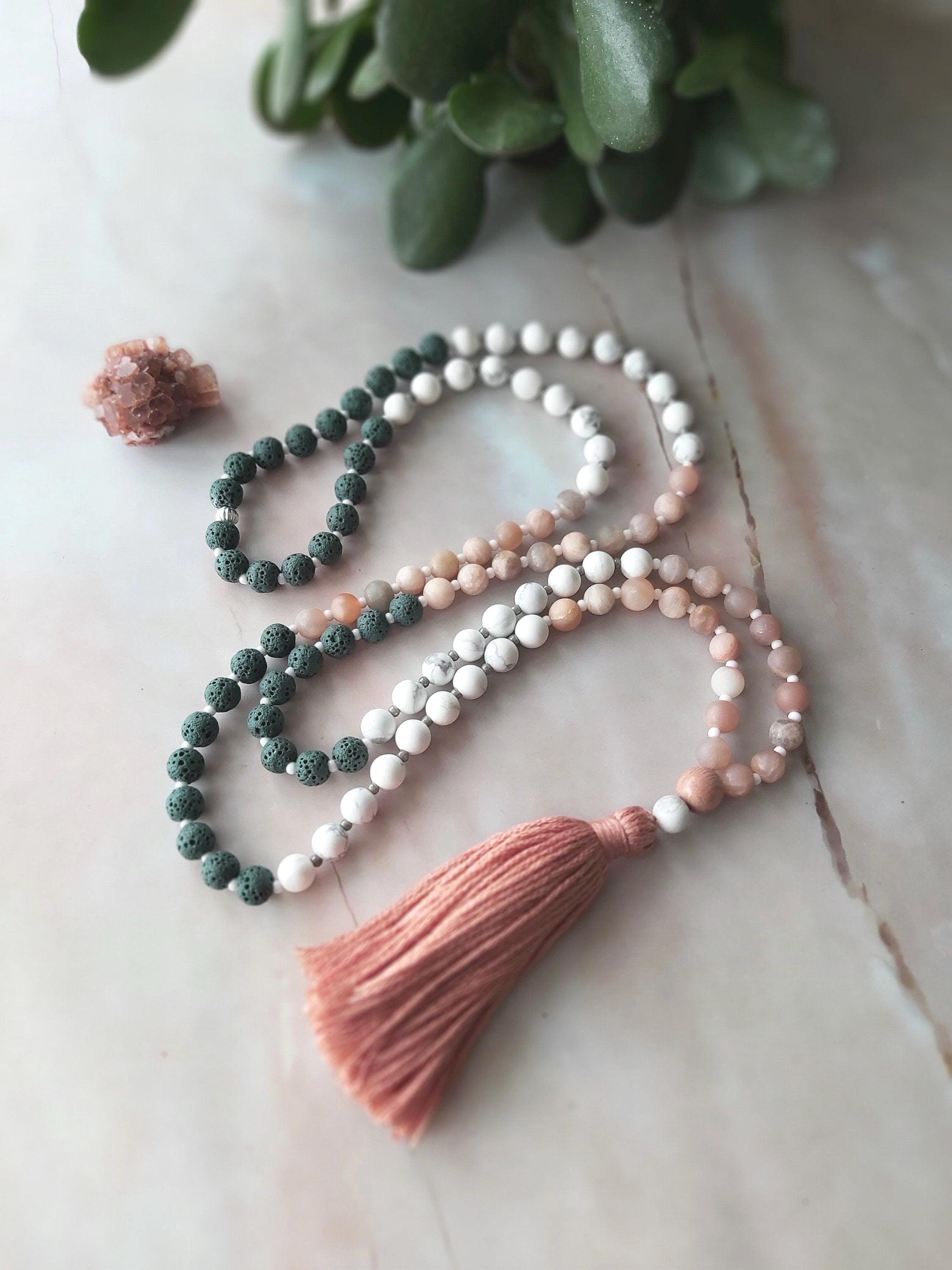 Knotted Mala Beads 108, Moonstone Mala Necklace, Tassel Necklace, Spiritual Jewelry, retailer Buddhist Beads, Peach Quartz, Amazonite