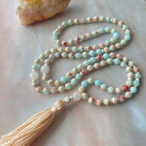 Impression Jasper & Pink Opal Mala Necklace: 108 Bead Meditation Tassel