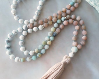Mala, Amazonite, Moonstone and  Howlite Mala necklace, Meditation mala, mala beads, necklace, gift for her, gemstone necklace, 108 bead mala