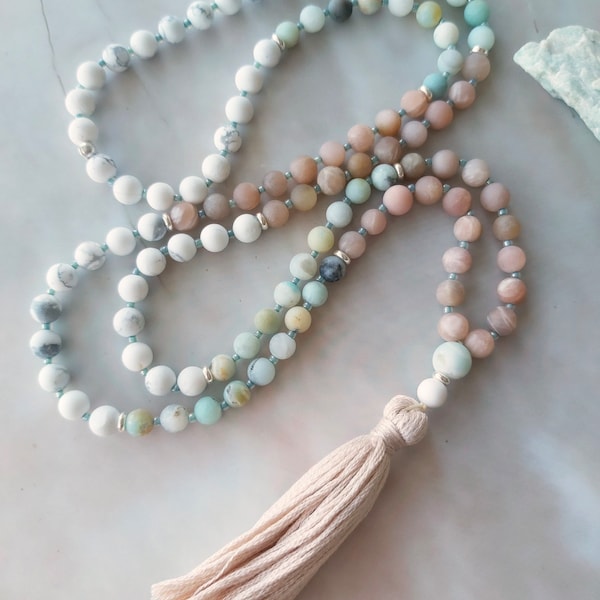Mala, Amazonite, Moonstone and  Howlite Mala necklace, Meditation mala, mala beads, necklace, gift for her, gemstone necklace, 108 bead mala
