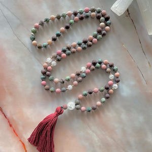Gemstone Meditation Mala Necklace: African Turquoise, Jasper, Rhodonite, Quartz
