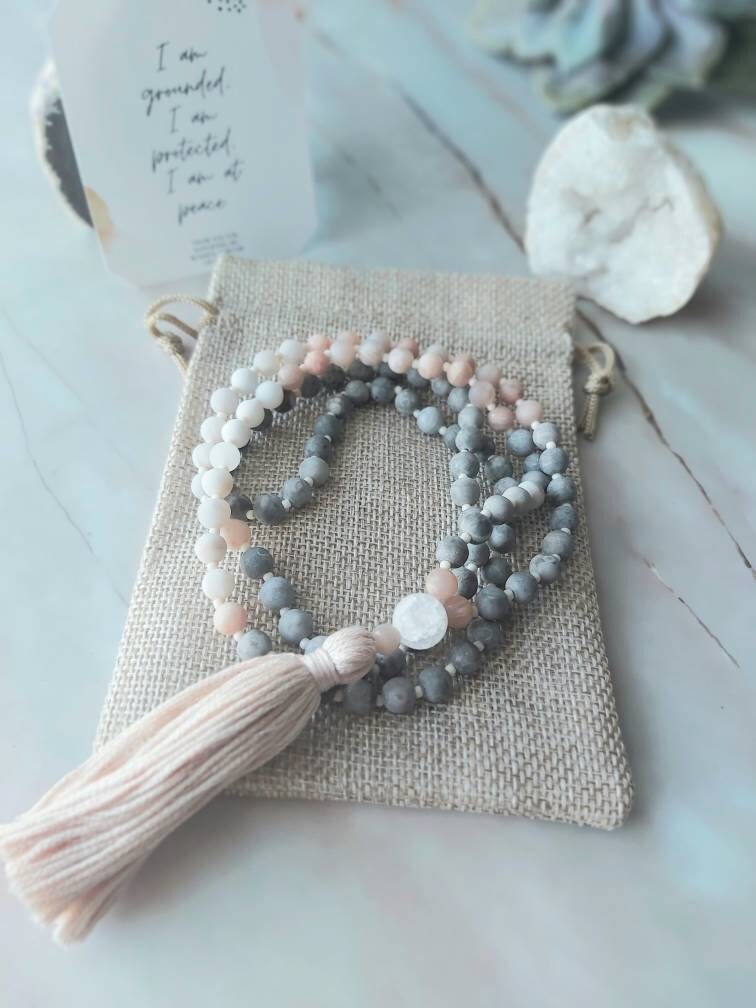 Maifan Moonstone and White Crazy Lace Agate Mala Necklace | Etsy