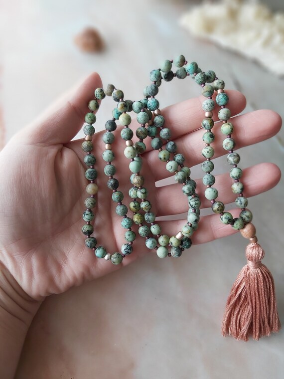 Mala African Turquoise Mala Necklace Gemstone Necklace 108 Bead