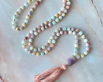 Mala, Amazonite, Amethyst, and Lepidolite mala necklace, Meditation mala, mala beads, mala, gemstone jewelry, 108 bead mala