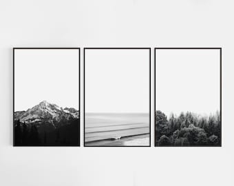 Set of 3 Nature Wall Art, Black and White Nature Prints, Landscape Photography, Modern Minimalist Print, Nordic Decor, Mountain Print