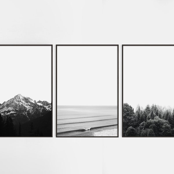 Ensemble de 3 Nature Wall Art, Black and White Nature Prints, Landscape Photography, Modern Minimalist Print, Nordic Decor, Mountain Print