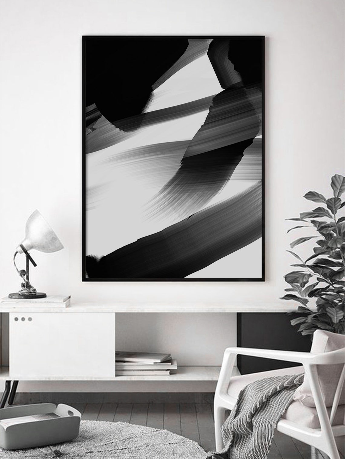 Brush Stroke Art Black and White Brush Paint Abstract Wall | Etsy