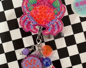 Crab Badge Reel, Summer Beach Accessory, Nurse Uniform Accent, Badge Holder