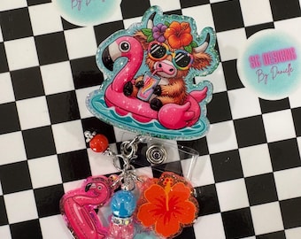 Cow Flamingo Pool Float Badge Reel, Summer Nurse Accessory, Badge Holder