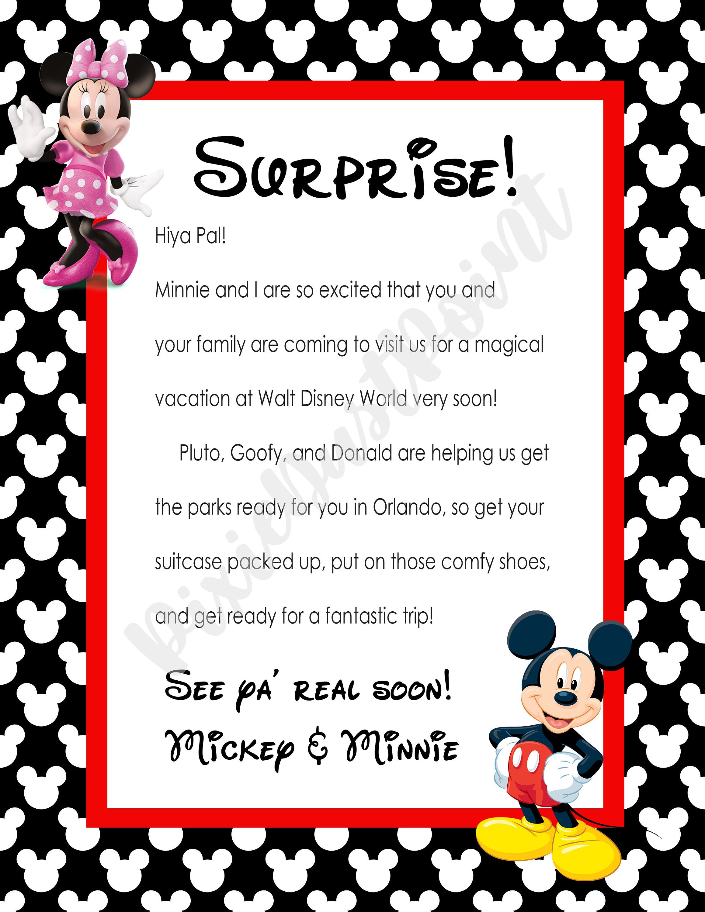 WDW Mickey Minnie Printable Surprise Reveal Letter Instant Digital Download