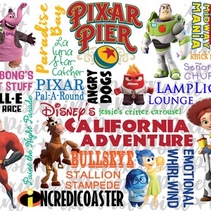 May include: A colorful collage featuring characters and logos from Disney's Pixar films and California Adventure. Includes images of Buzz Lightyear, Jessie, and Mr. Incredible, along with text elements like "Pixar Pier" and "California Adventure."