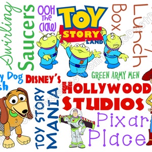 May include: A colorful graphic featuring characters and text from the Toy Story franchise. The image includes Woody, Buzz Lightyear, Slinky Dog, and the Little Green Men. Text includes "Toy Story Land," "Hollywood Studios," and "Pixar Place."