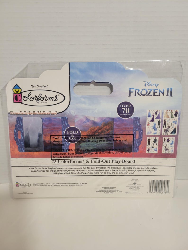 May include: A box of Colorforms featuring characters from Disney's Frozen II. The box is blue and purple with a picture of Elsa and Anna on the front. The back of the box has a warning about plastic bags and information about the product. The box includes 73 Colorforms and a fold-out play board.