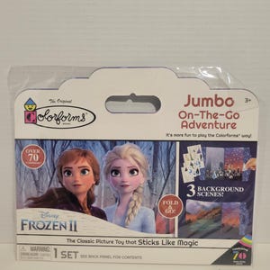 May include: A Disney Frozen II Colorforms Jumbo On-The-Go Adventure playset with over 70 pieces. The set features three background scenes and includes Anna and Elsa from the movie. The classic picture toy that sticks like magic.