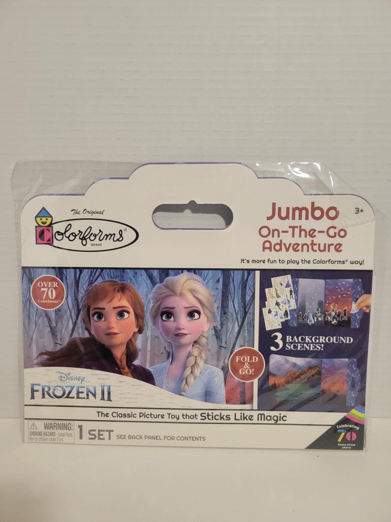 May include: A Disney Frozen II Colorforms Jumbo On-The-Go Adventure playset with over 70 pieces. The set features three background scenes and includes Anna and Elsa from the movie. The classic picture toy that sticks like magic.