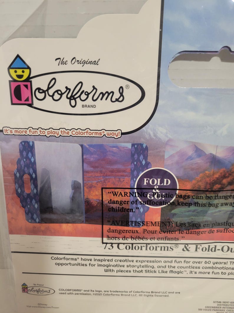May include: A package of 73 Colorforms brand stickers and fold-out scenes. The package features a warning about the danger of suffocation from plastic bags. The Colorforms brand logo is visible on the package.