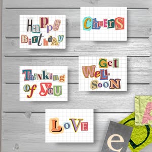 5 tarjetas de felicitación gráficas de Randsom con diseños de feliz cumpleaños, pensando en ti, saludos, amor y pronta recuperación
