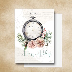Relógio vintage e flores Feliz feriado cartões de felicitações em branco. Cartões de felicitações de Natal. cartões em branco