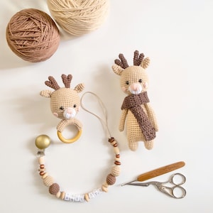 Pacifier chain with name baby rattle and deer toy gift set