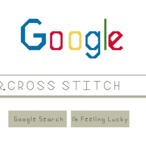 May include: A stylized Google search page with the text "MR. CROSS STITCH" in the search bar. The Google logo is in blue, red, yellow, and green. Below the search bar are the buttons "Google Search" and "I'm Feeling Lucky".
