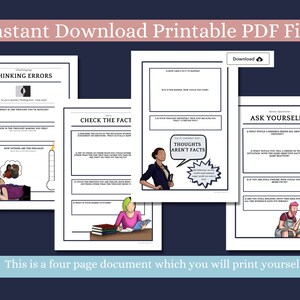 Op de afbeelding: Vier printbare werkbladen met illustraties en tekst om te helpen bij het identificeren en aanvechten van negatieve denkfouten. De werkbladen hebben titels zoals "Denkfouten", "Controleer de feiten", "Gedachten zijn geen feiten" en "Vraag jezelf af..."