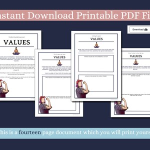 May include: Printable PDF worksheet with four pages for understanding and exploring personal values. Each page features a strong woman illustration and prompts for reflection and self-discovery.