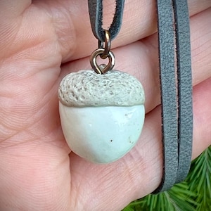 Acorn Pendant Necklace on Gray Leather – Cottagecore Fall Jewelry – One of a Kind - Artisan Woodland Jewelry - Handmade Whimsical Necklace