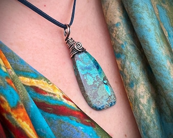 Azurite Copper Wire Wrapped Pendant – Freeform Stone on Navy Leather Cord – Blue Turquoise Teal Artisan Gemstone - OOAK Statement Necklace