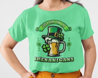 St. Patrick's Day T-Shirt, "Just Here For the Shenanigans" - Funny Irish Gift, Unisex Softstyle Tee, Party Apparel, Beer Lover Shirt