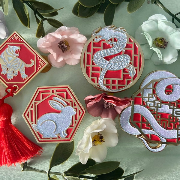 Épingles en émail du zodiaque/horoscope chinois - Tigre, Lapin, Dragon, Serpent