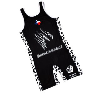 May include: Black wrestling singlet with white leopard print trim. The singlet features a white claw mark graphic, a Texas flag, and the text "@jordanthedeestroyer" and "ZENKO".